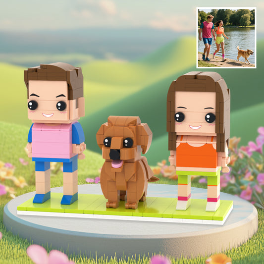 Custom Full-Body Brick Figures of 2 People and 1 Dog