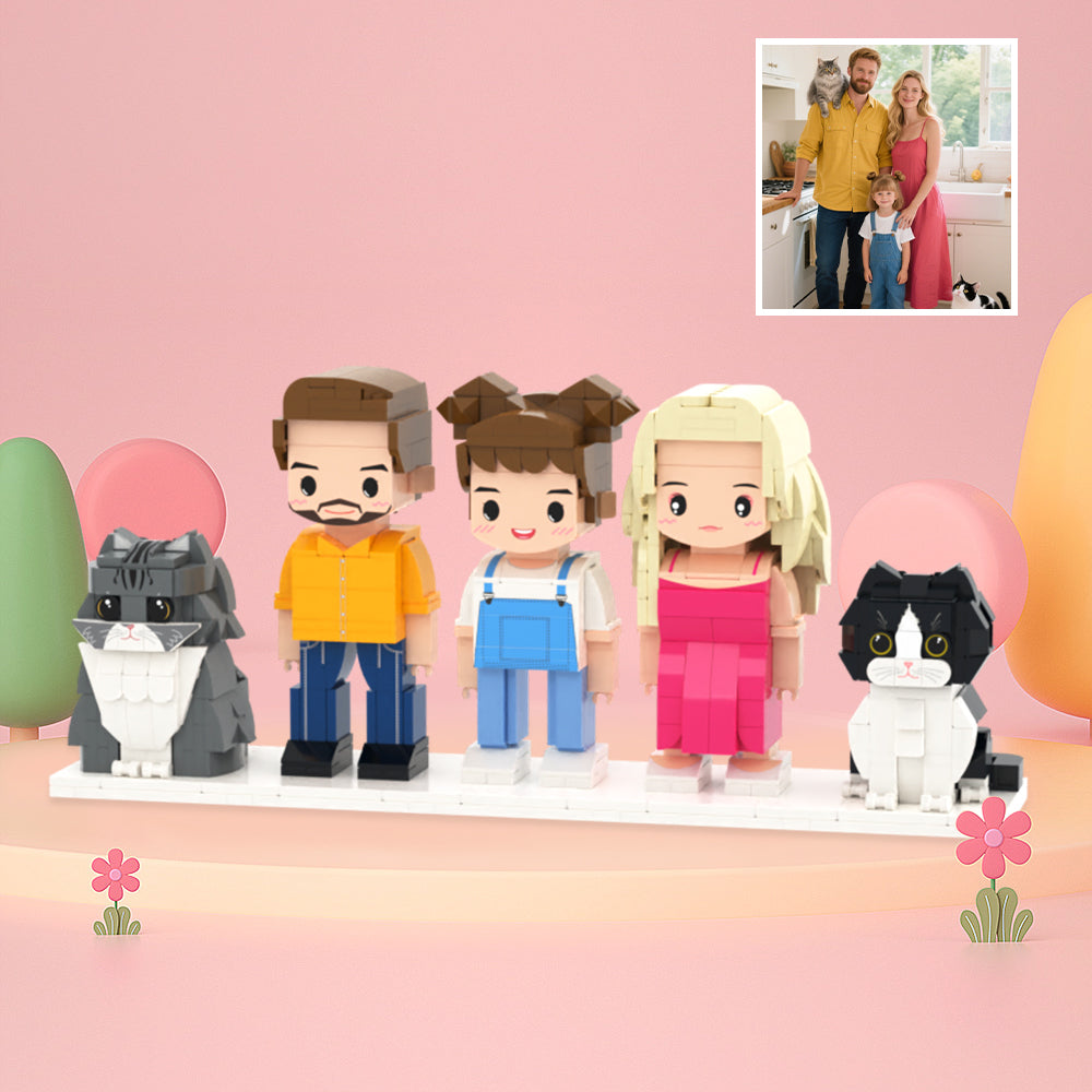 Custom Full-Body Cute Brick Figures of 3 People and 2 Cats