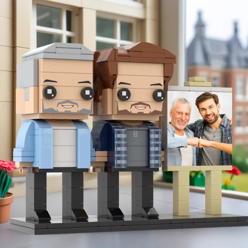 Figuras de ladrillo personalizadas de cuerpo completo para 2 personas con marco de foto personalizado, regalo del Día del Padre