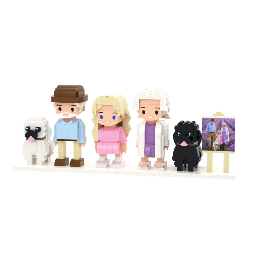 Full-Body Cute Brick Figures of 3 People and 2 Dogs with Frame