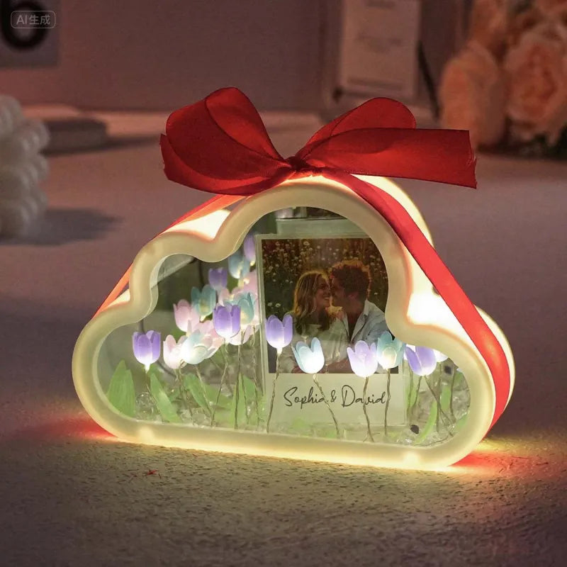 Gepersonaliseerde fotowolkvormige tulp rechthoekige lamp bloem oneindigheidsspiegeldoos oneindigheidsspiegelbloem met uw foto en tekst DIY-kit