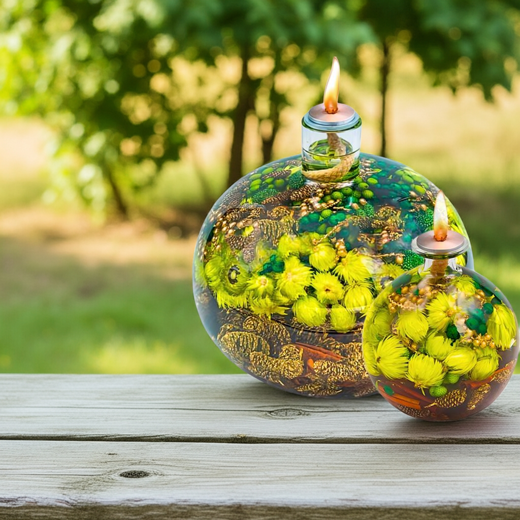 Refillable Glass Oil Lamp - Cozy Home Decor with Dried Flowers - Scentless & Handmade - 50+ Hours Burn Time