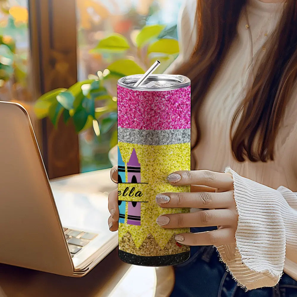 Personalized Glitter Apple Teacher Tumbler – 20oz Skinny with Lid & Straw