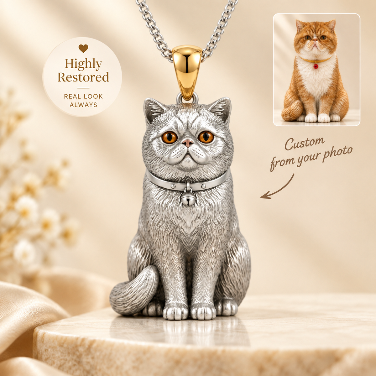 Personalized 3D Pet Portrait Necklace, Custom Sterling Silver Pet Pendant, Memorial Dog & Cat Jewelry Gift