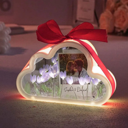Gepersonaliseerde fotowolkvormige tulp rechthoekige lamp bloem oneindigheidsspiegeldoos oneindigheidsspiegelbloem met uw foto en tekst DIY-kit