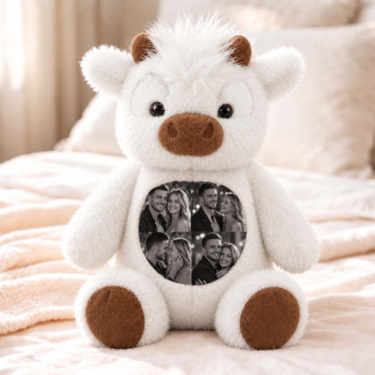 Personalized Highland Cow plush toy with custom photo, soft plush stuffing, and detailed Highland cow design by MadeMine.