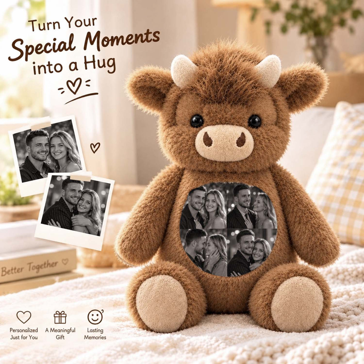 MadeMine personalized Highland Cow plush toy with custom photo, soft plush material, featuring detailed cow features and customizable photo insert.