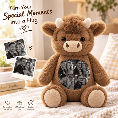 MadeMine personalized Highland Cow plush toy with custom photo, soft plush material, featuring detailed cow features and customizable photo insert.