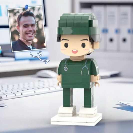 Personalized Head Custom Text Brick Figures Wearing Green Uniform Doctor's Day Gift