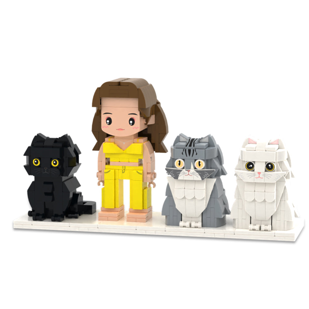 Custom Full-Body Cute Brick Figures of 1 Person and 3 Cats Personalized Anniversary Gift Birthday Gift