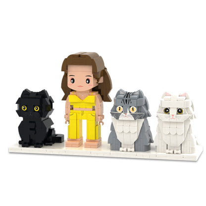 Custom Full-Body Cute Brick Figures of 1 Person and 3 Cats Personalized Anniversary Gift Birthday Gift