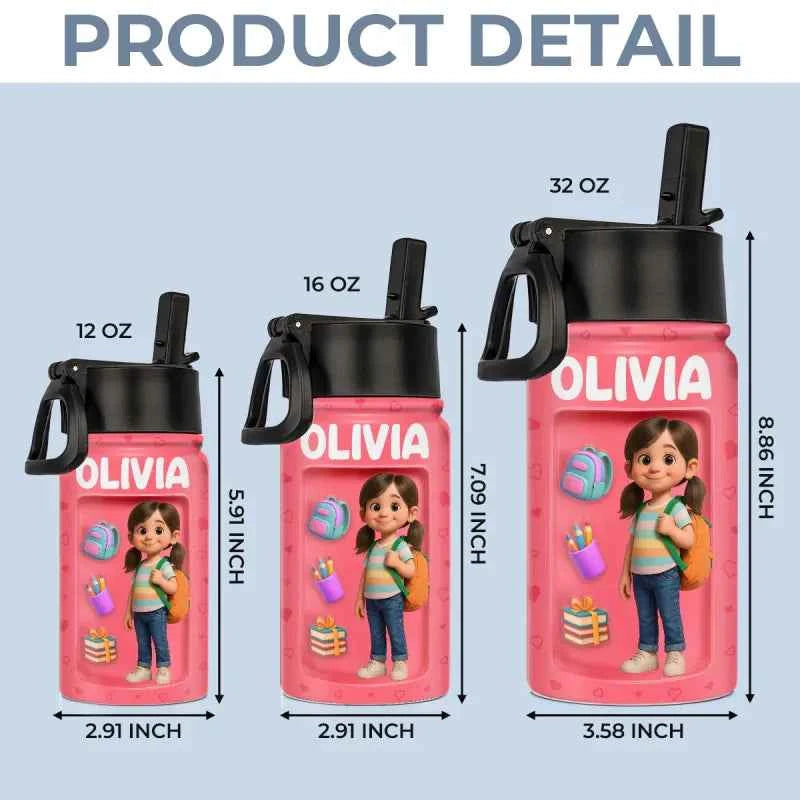 Custom Photo 3D Inflated Effect Printed Kids Water Bottle - Personalized Back To School Gifts For Kids