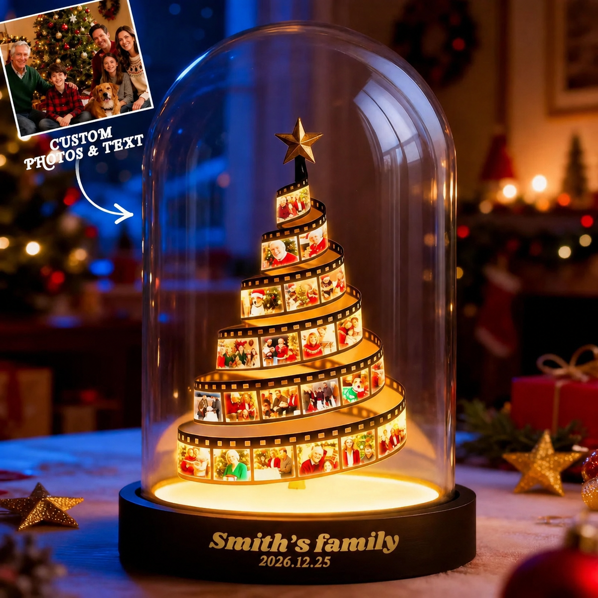 Custom Photo Film Christmas Tree Night Light, Personalized Family Photo Keepsake with Engraved Wood Base, Christmas Gift