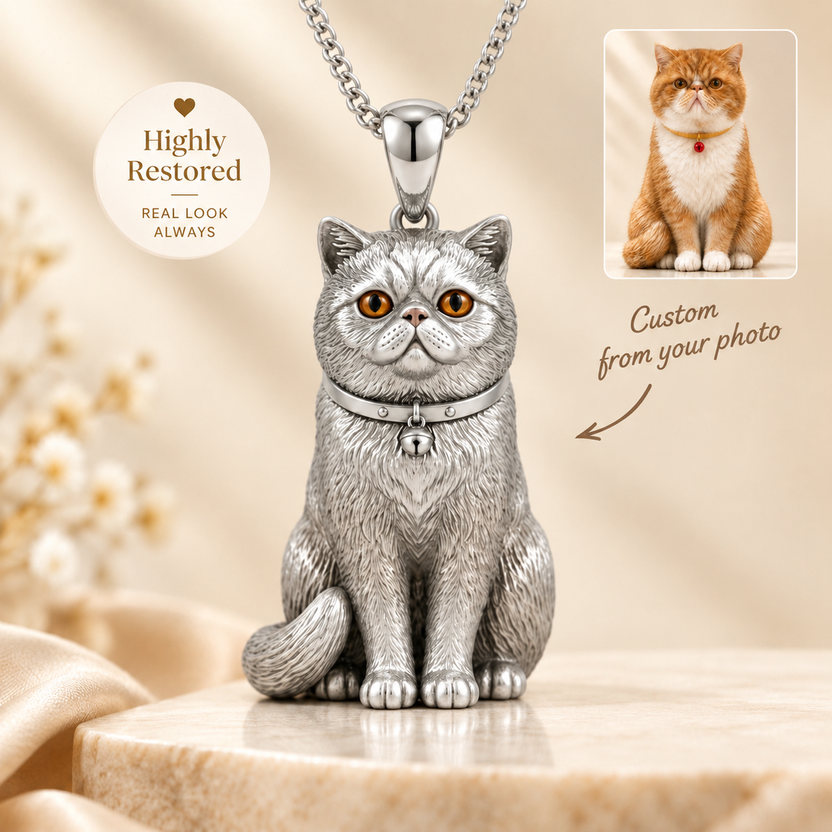 Personalized 3D Pet Portrait Necklace, Custom Sterling Silver Pet Pendant, Memorial Dog & Cat Jewelry Gift