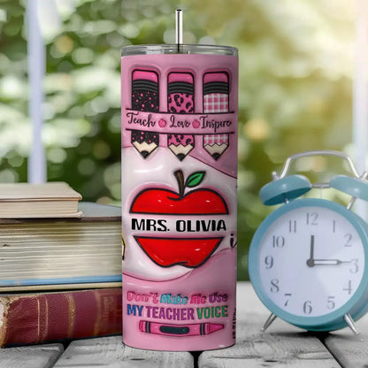 Personalized 3D Apple & Pencil Teacher Tumbler – 20oz Skinny with Lid & Straw