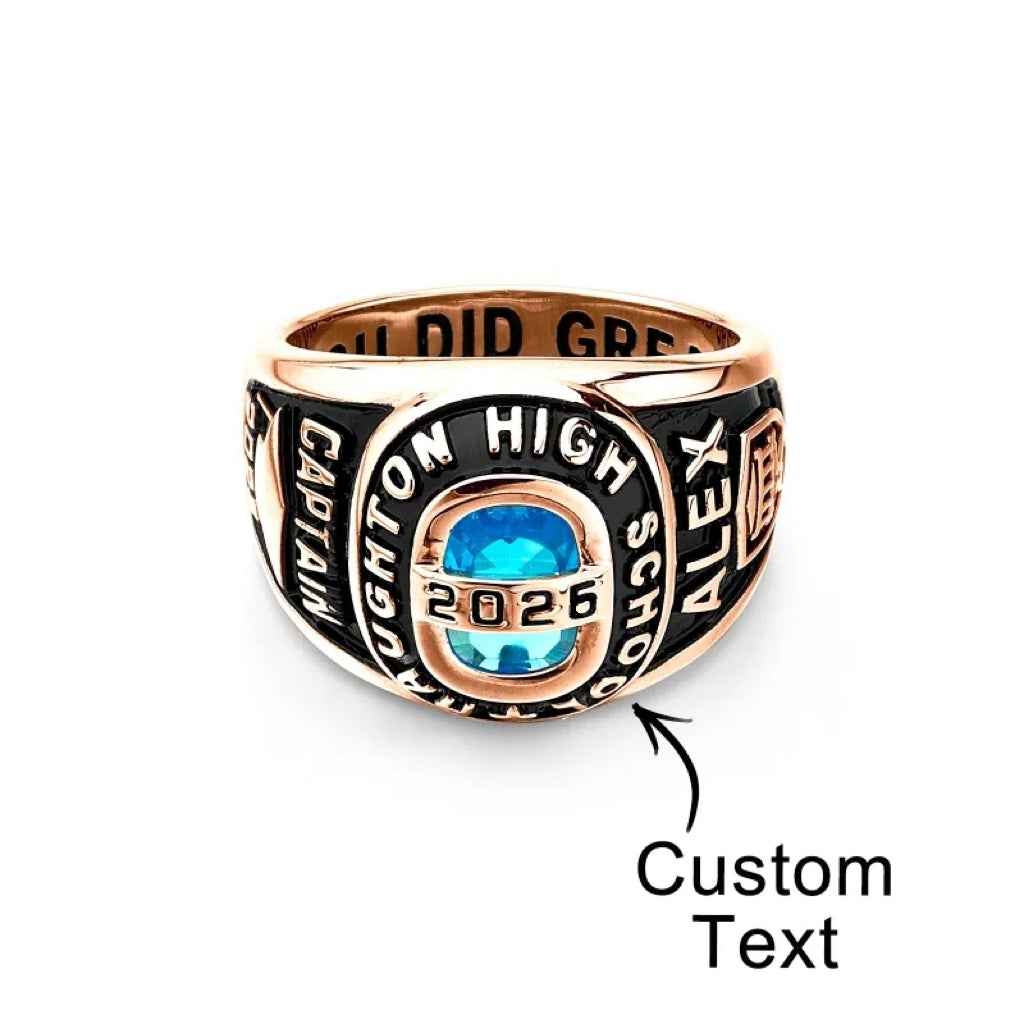 Personalized Birthstone Class Signet Ring with Engraved Symbol Name and Text Class of Graduation Gift for High School
