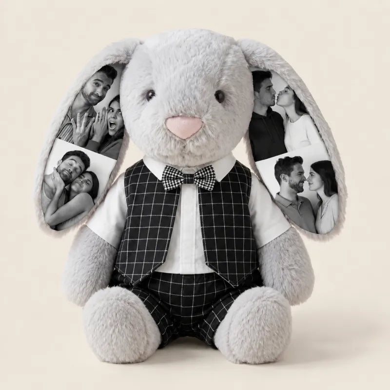 Custom Photo 40cm Wedding Bunny Plush – Personalized Bride & Groom Gift