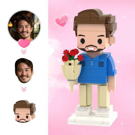 Figuras de ladrillo personalizadas con cabeza linda, figuras de ladrillo personalizadas para una persona, figuras de ladrillo de hombre con rosa