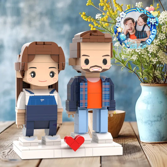 Bloques de construcción personalizados de padre e hija, cuerpo completo, 2 personas, figuras de ladrillo personalizadas, figuras de ladrillo con caras lindas