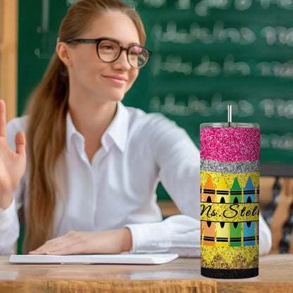 Personalized Glitter Apple Teacher Tumbler – 20oz Skinny with Lid & Straw