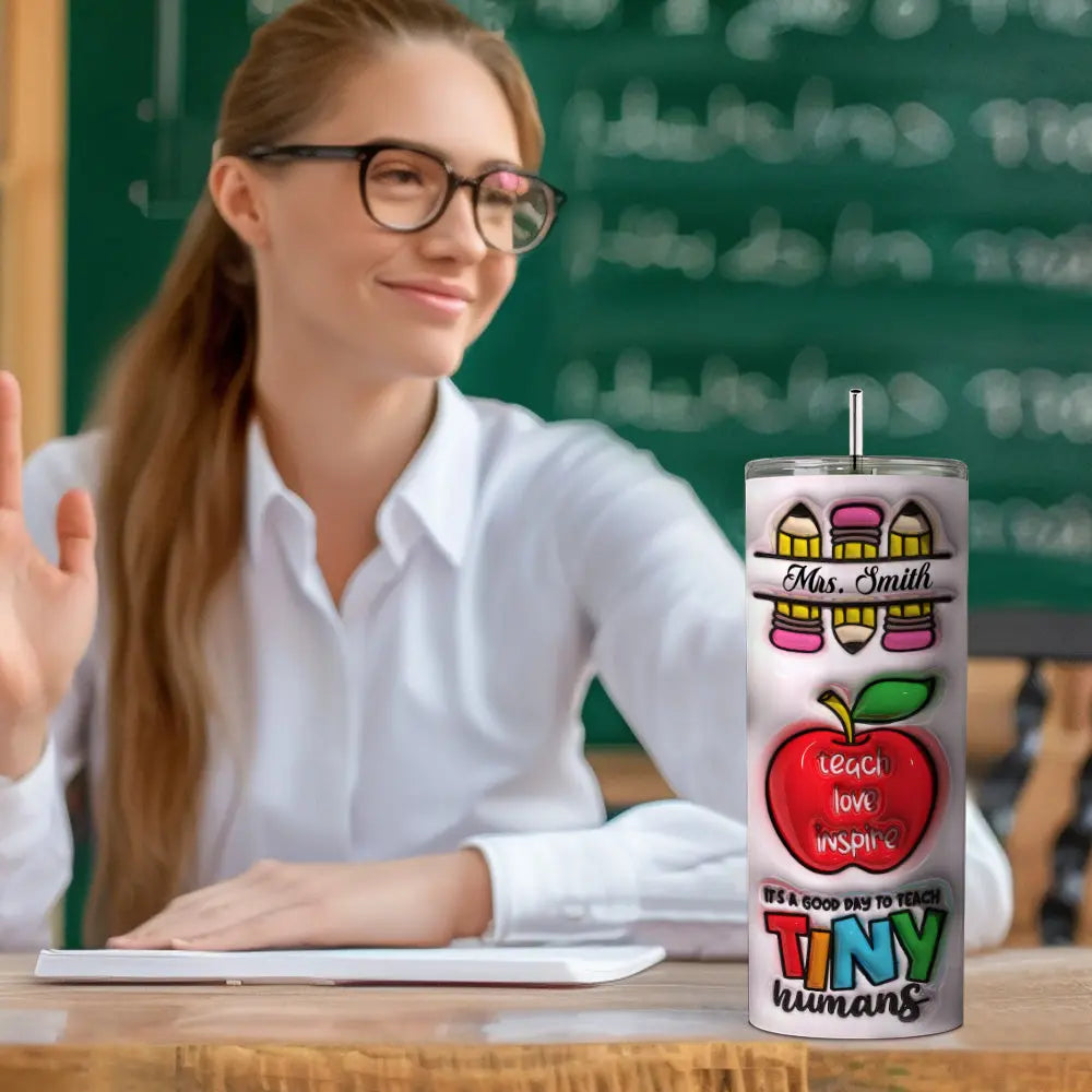 Personalized 3D Rainbow Apple & Pencil Teacher Tumbler – 20oz Skinny with Lid & Straw