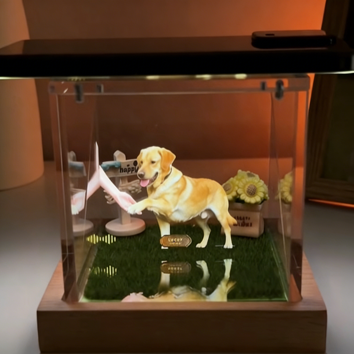 MadeMine Lumina Boxes custom pet digital hologram house with wooden base, showcasing a detailed holographic pet display.