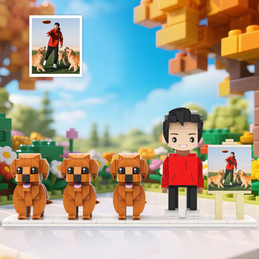 Custom Full-Body Cute Brick Figures of 1 Person and 3 Dogs with Frame 