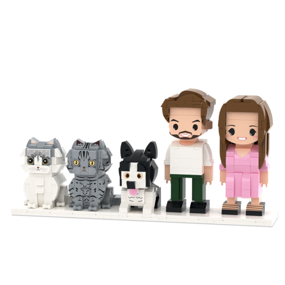 Op maat gemaakte, schattige figuren van baksteen, bestaande uit 2 personen, 1 hond en 2 katten.