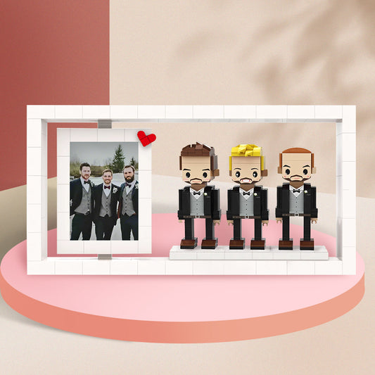 Marco de fotos de figuras de ladrillo personalizadas de cuerpo completo para 3 personas, bloques de partículas pequeñas, regalo creativo de boda para padrinos de boda.