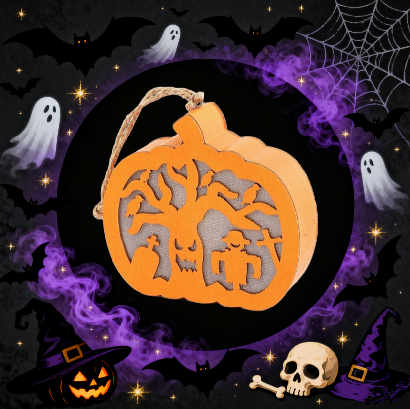 Halloween Haunted Tree Scene Wooden Pumpkin Light