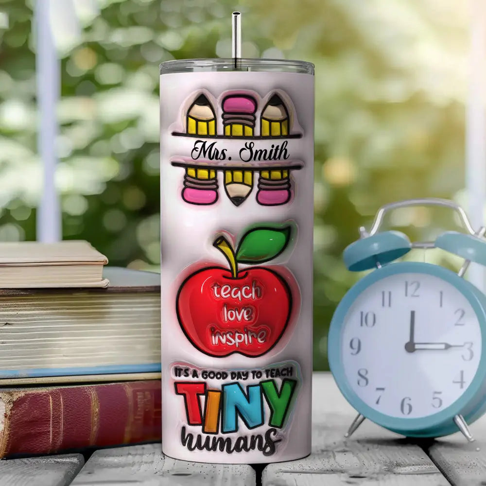 Personalized 3D Rainbow Apple & Pencil Teacher Tumbler – 20oz Skinny with Lid & Straw