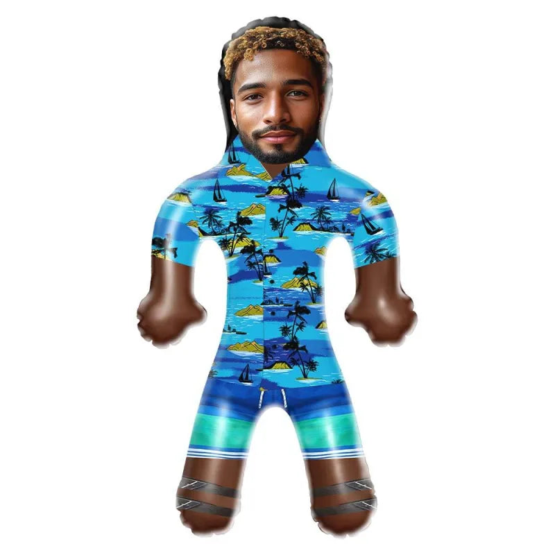 Personalized MadeMine inflatable blow-up doll with Hawaiian shirt featuring flowers and leaves, printed face, ideal for party favors.
