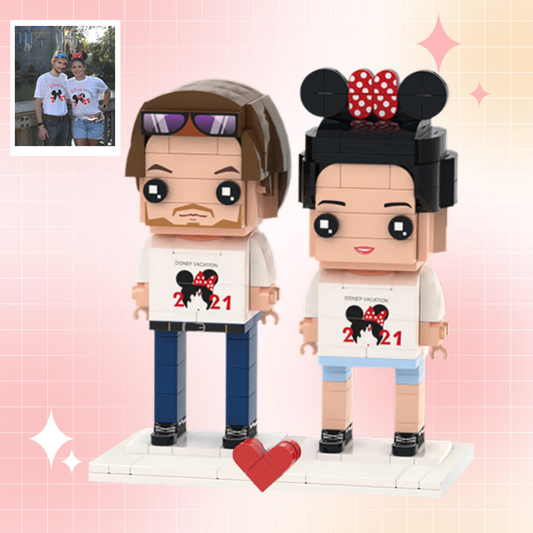 Figuras de ladrillo personalizadas de parejas viajeras — Juego personalizado de 2 personas