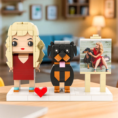 Custom Full-Body Brick Figures of 1 Person and Dog with Frame