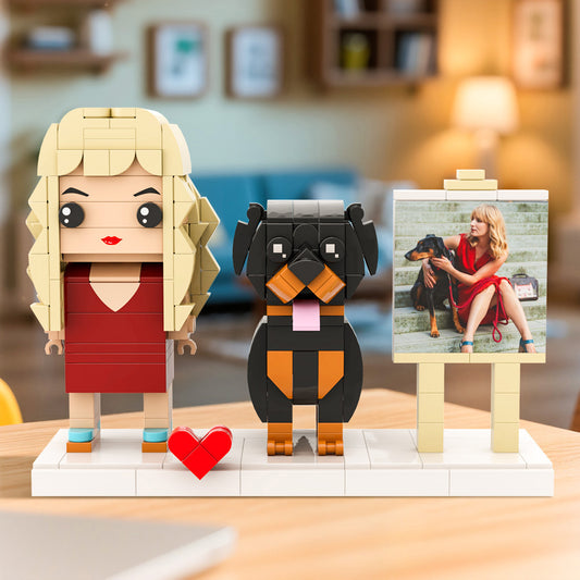 Custom Full-Body Brick Figures of 1 Person and Dog with Frame