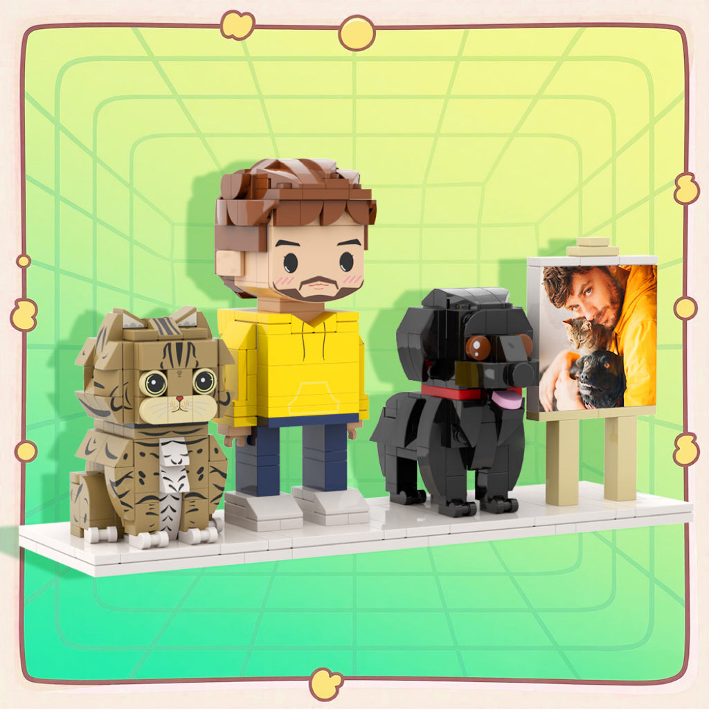Figuras de ladrillo personalizadas de cuerpo completo de una persona, un gato y un perro con marco, regalo de aniversario personalizado, regalo de cumpleaños