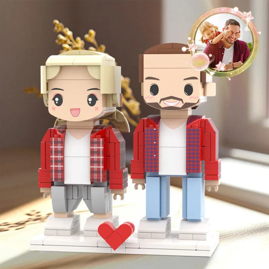 Bloque de construcción personalizado para el Día del Padre, cuerpo completo, para 2 personas, figuras de ladrillo personalizadas, caras lindas.