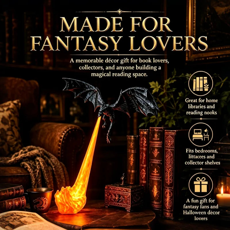 Halloween Dragon Flame Book Nook – glowing fire dragon bookshelf insert with LED light, spooky fantasy decor for haunted homes and book lovers