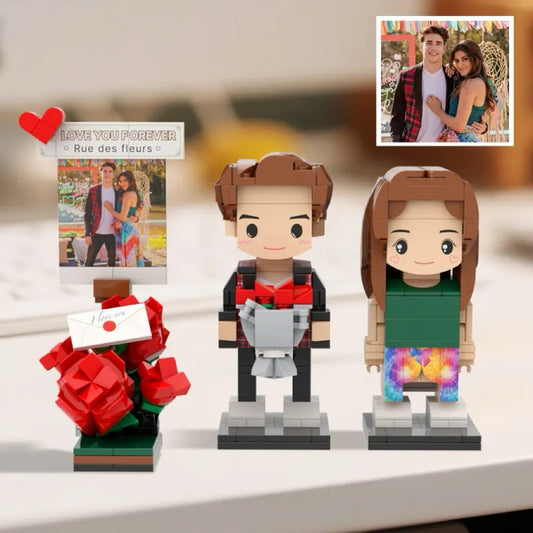 Full Body Custom Photo 2 people Cute Brick Figure with Rose Valentines 