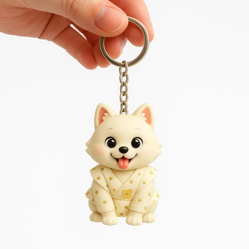 Custom 3D mini figure keychain from MadeMine, personalized with a photo, showing a small, detailed doll attached to a keyring.