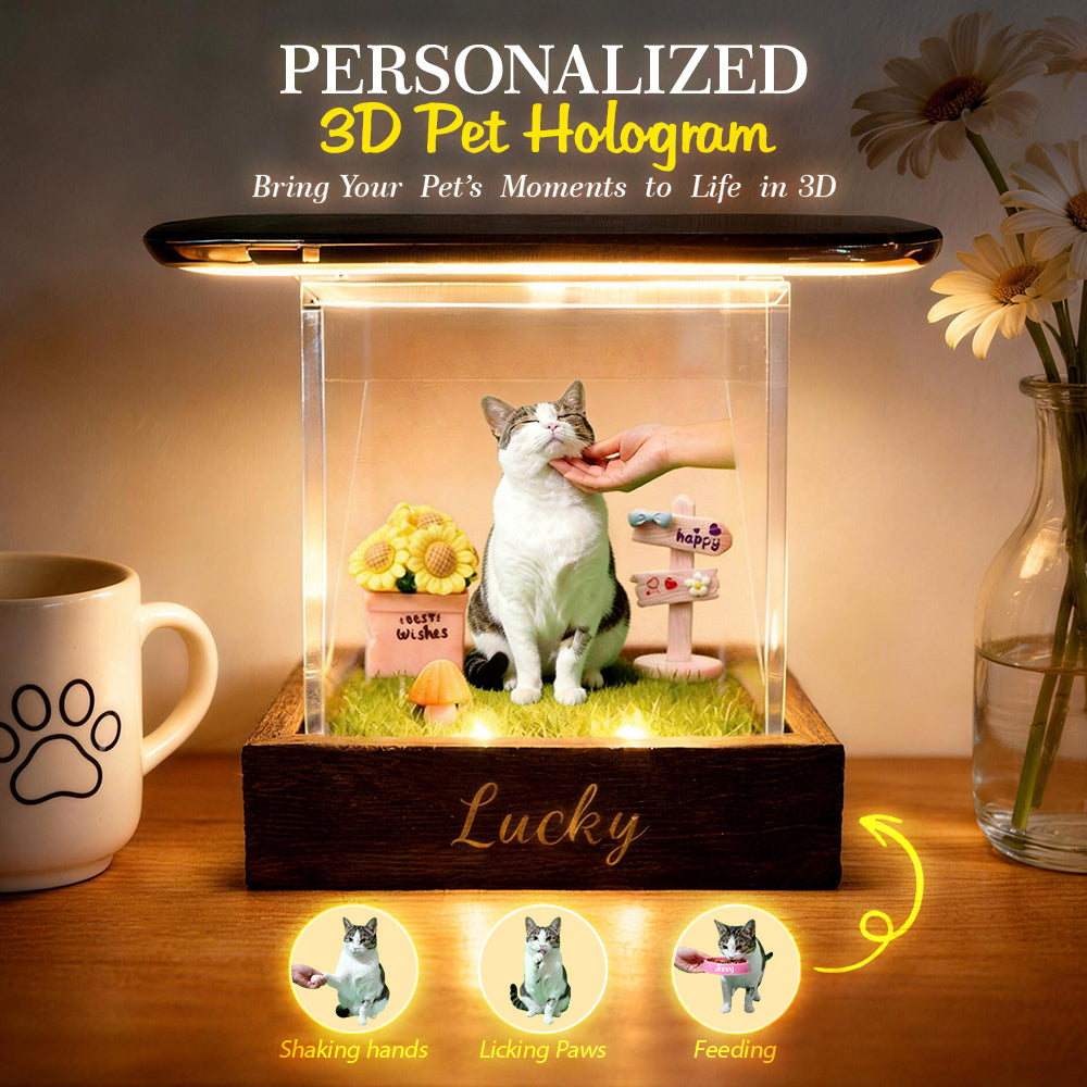 MadeMine Lumina Boxes custom pet digital hologram house with wooden base, showcasing a unique, illuminated pet-themed display.