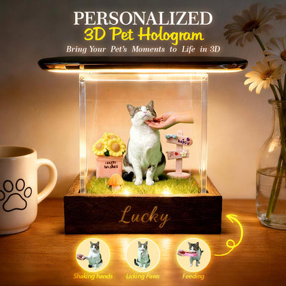 MadeMine Lumina Boxes custom pet digital hologram house with wooden base, showcasing a unique, illuminated pet-themed display.