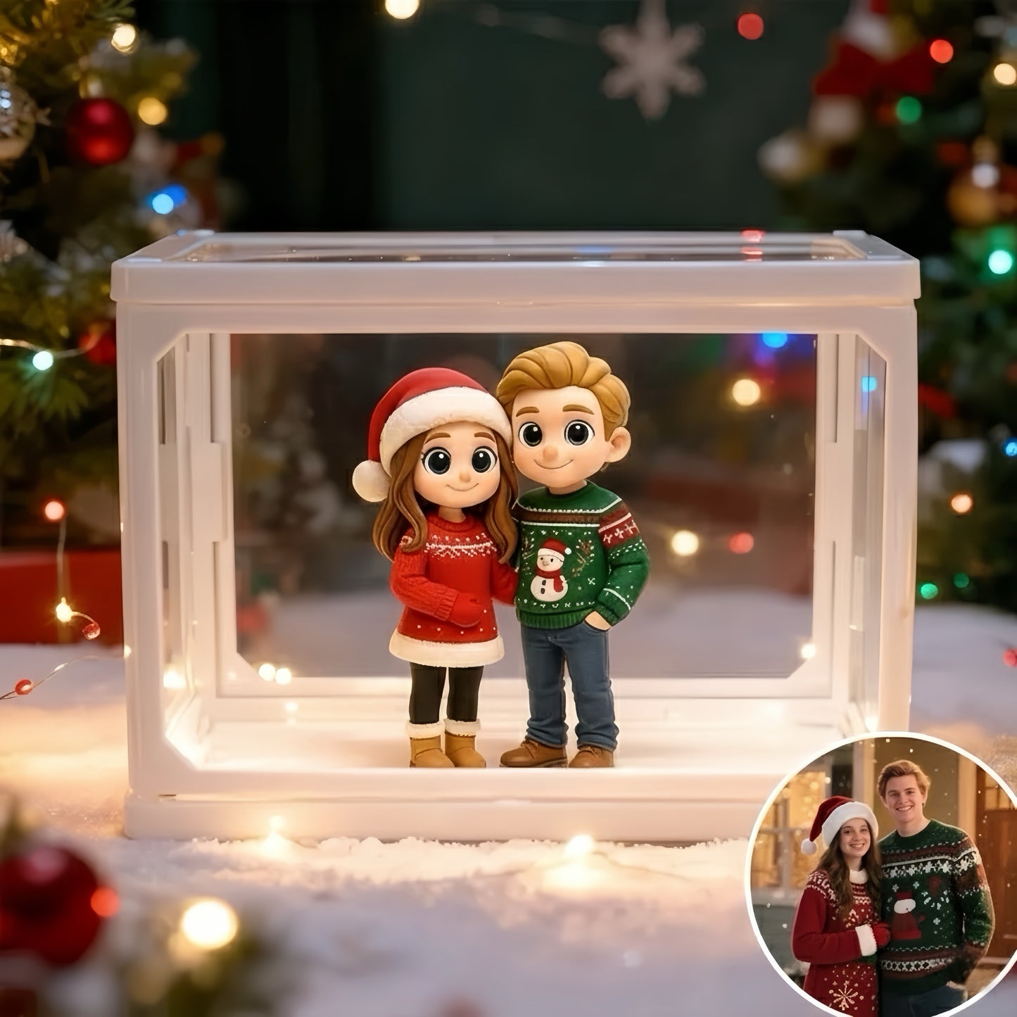 Gepersonaliseerde 3D-minifigurenpoppenhuis van glas voor 2 personen, gepersonaliseerd tafereel, uniek kerstcadeau (productietijd: 10-15 werkdagen)
