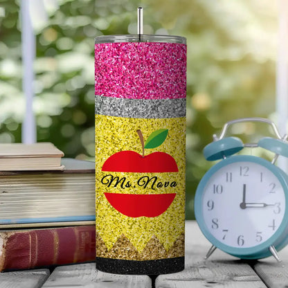 Personalized Glitter Apple Teacher Tumbler – 20oz Skinny with Lid & Straw