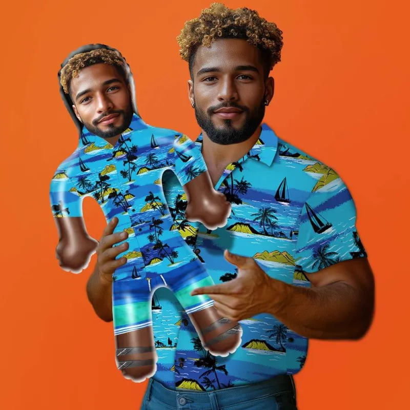 MadeMine personalized inflatable blow-up doll wearing a colorful Hawaiian shirt with flowers and leaves, printed face, perfect for parties