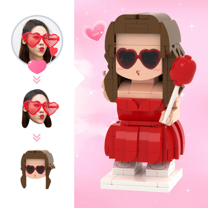 Figuras de ladrillo personalizadas con cabeza linda, figuras de ladrillo personalizadas para una persona, figuras de ladrillo de dama con globo