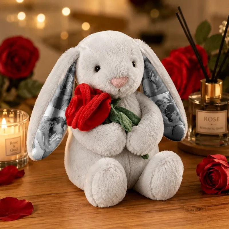 Custom Photo Red Rose Bunny Plush – Personalized Hidden Ear Picture Gift