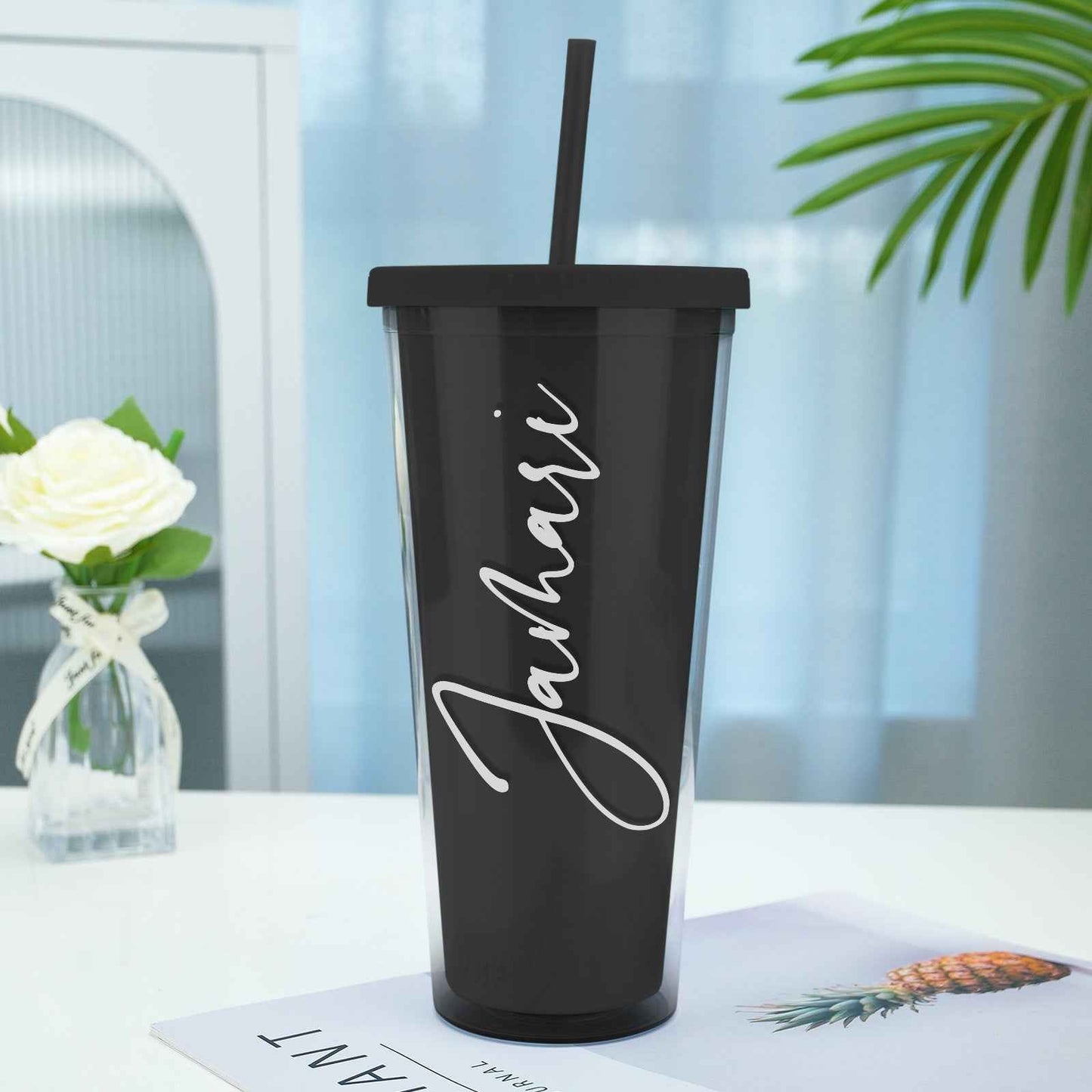 Personalized Name Black Plastic Tumbler with Straw – Back to School & Teacher’s Day Gift