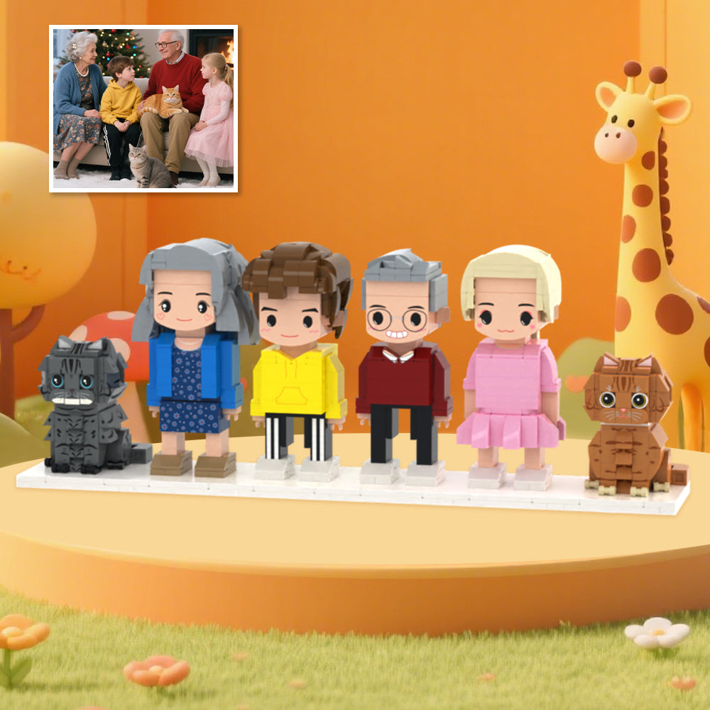 Cute Brick Figures of 4 People and 2 Cats 