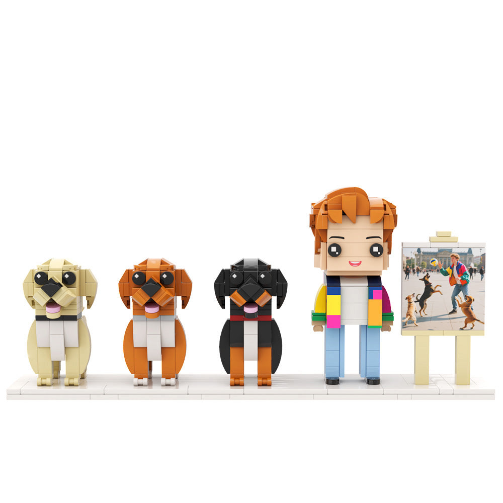 Custom Full-Body Brick Figures of 1 Person and 3 Dogs with Frame